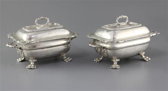 A pair of George III Irish silver two handled rectangular vegetable tureens and covers by James Le Bas, 63.5 oz.